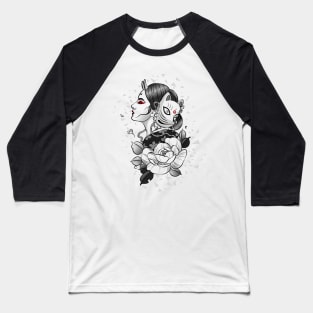 Traditional  black and white Japanese illustration of woman with a kitsune mask and flower Baseball T-Shirt